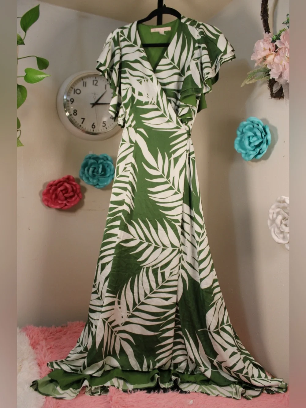 Ruche Green and White Palm-Print Wrap Maxi Dress - Picture 1 of 8